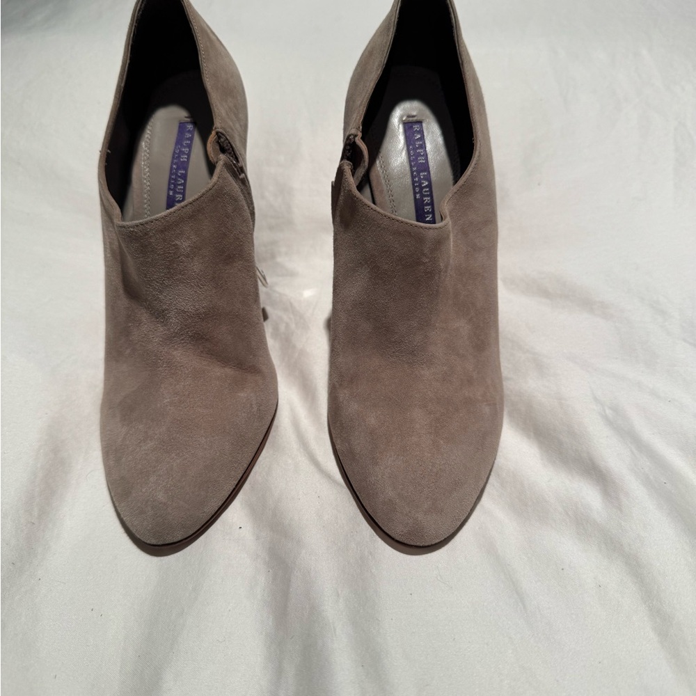 Taupe suede Ralph Lauren Collection wedge bootie